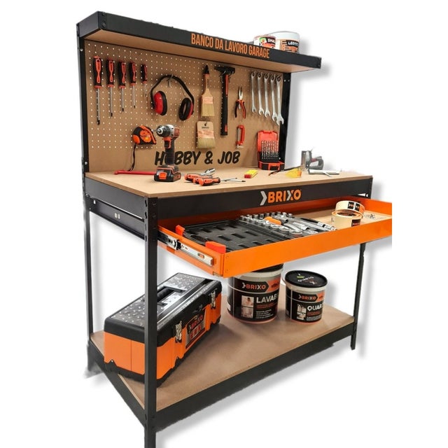 Banco da lavoro per garage con cassetto Pannello forato e ripiano L120 x P60 x H150 cm Carico massimo 230 kg