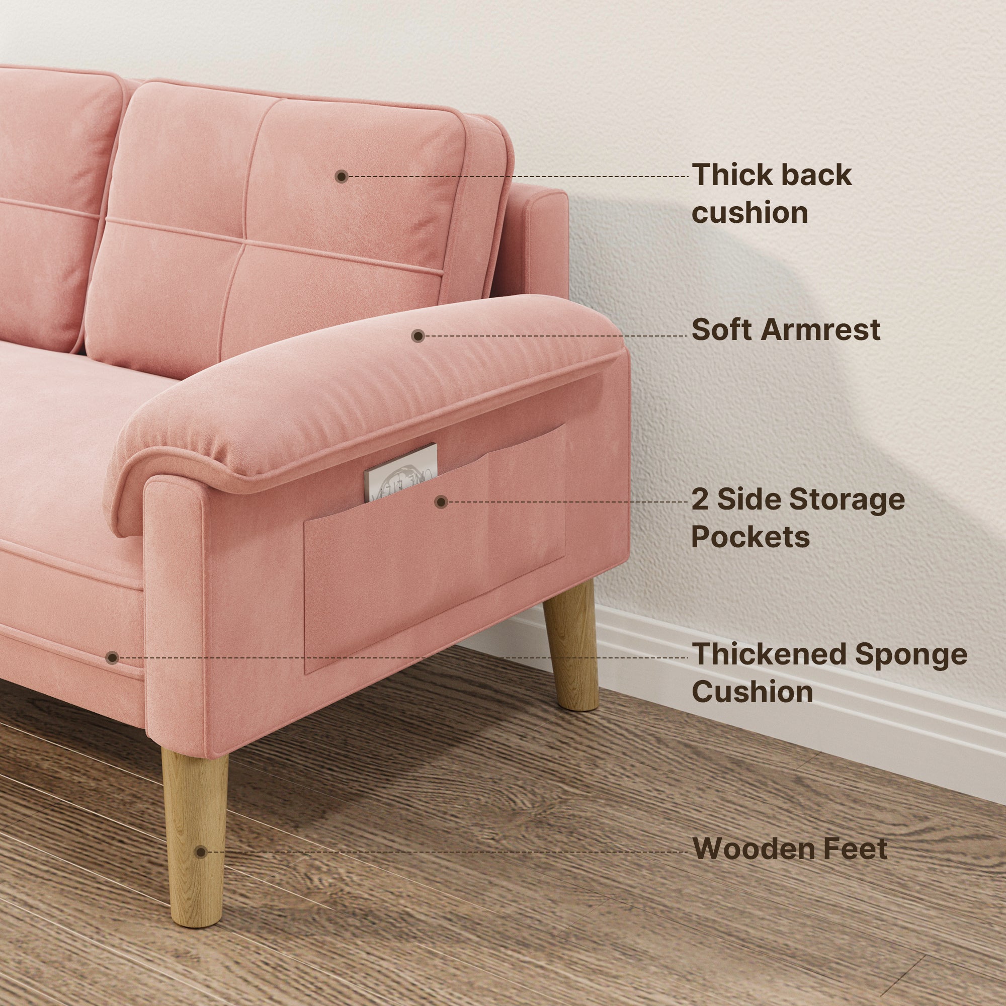 Canapé 2 places Rose en tissu,design scandinave,assise confortable,pieds en bois,pour salon et petit espace,145 x 77 x 77 cm - 4