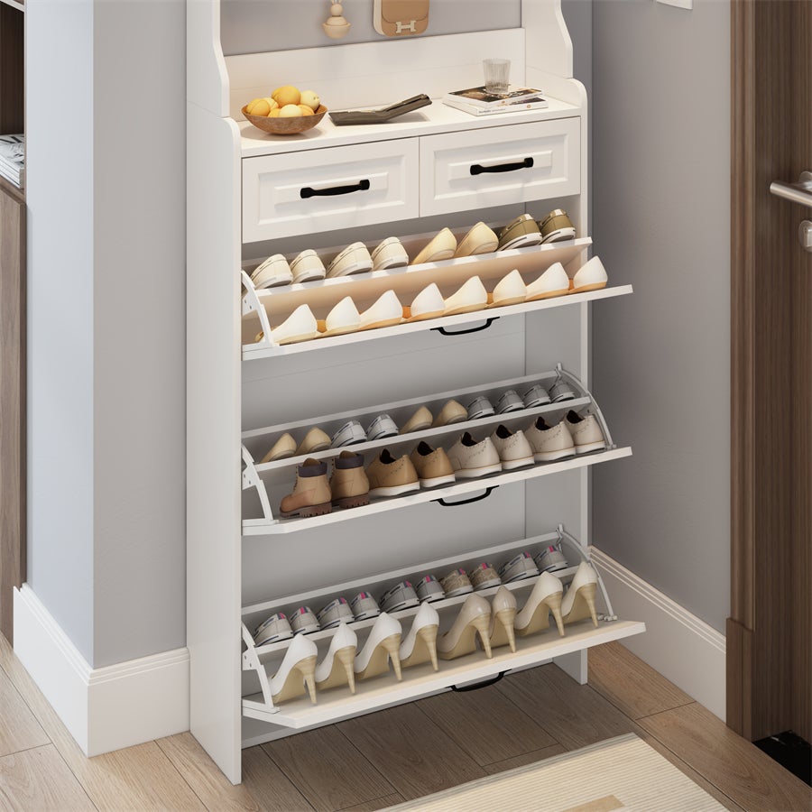 Scarpiera con appendiabiti, bianca, 3 ante e 2 cassetti, pratica e componibile - 4