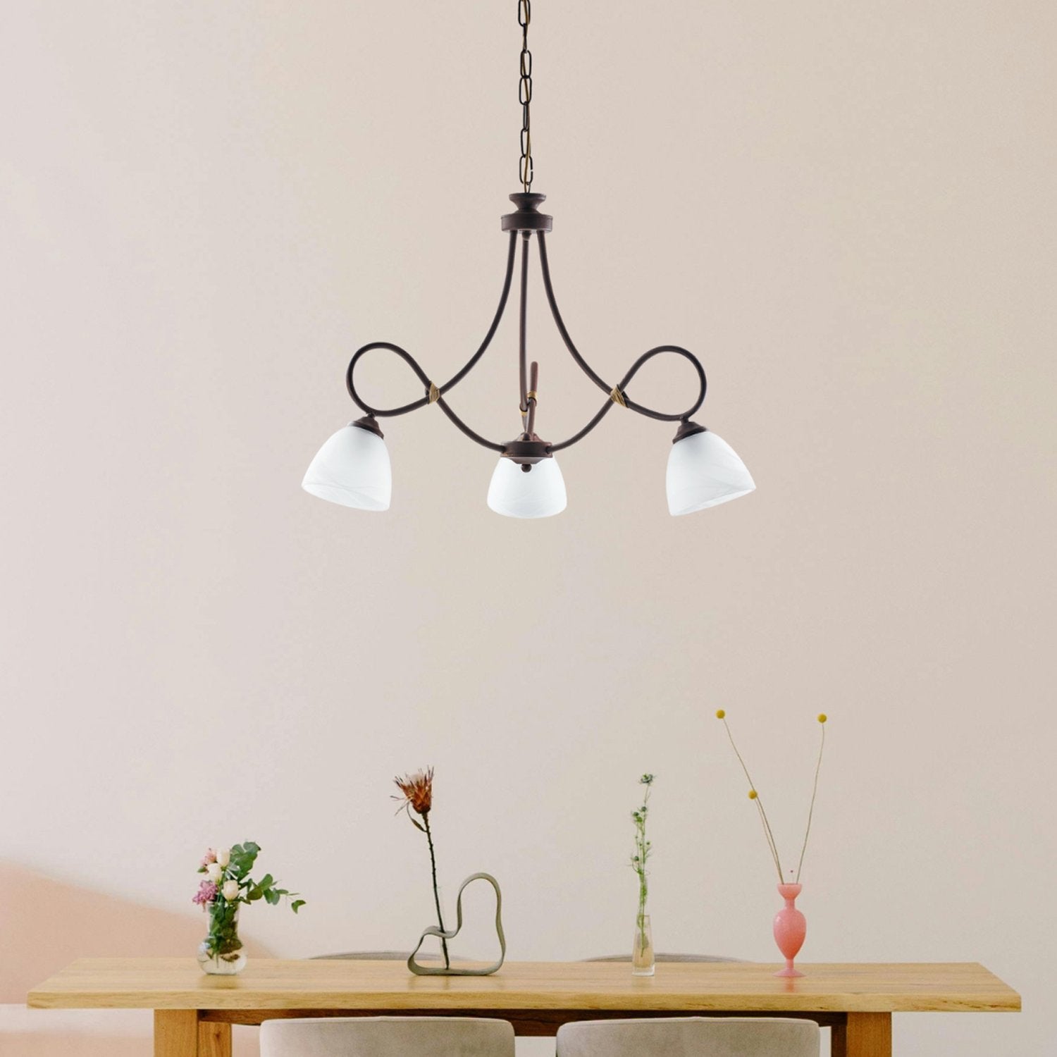 Lustre Dallas noir, effet rouille et or antique, verre albâtre d.13, 3 lumières idéal pour déco industrielle - 3