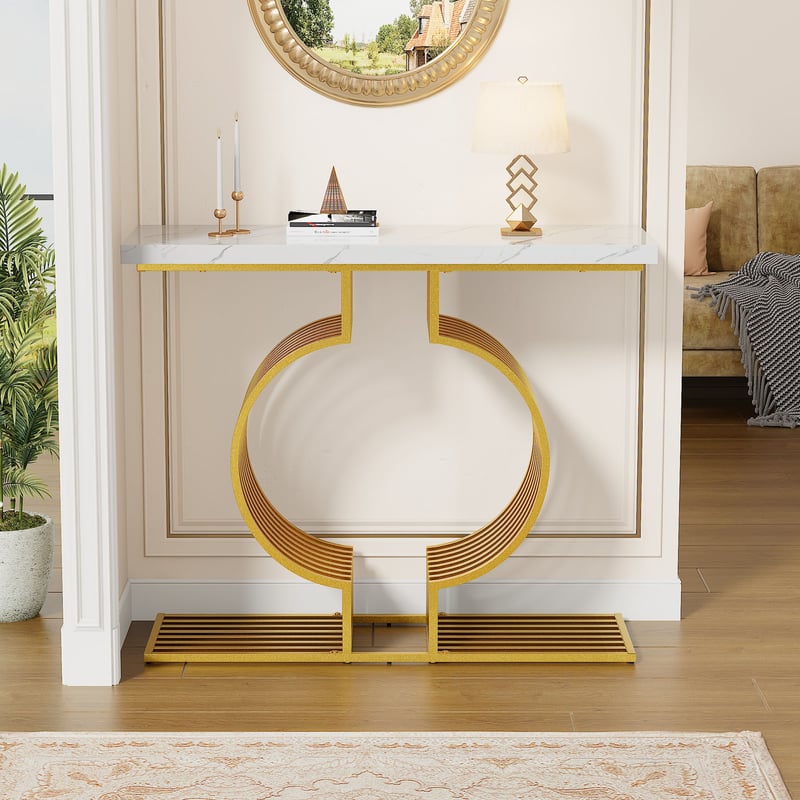 Nowoczesny stolik konsolowy - 100 x 30 x 80 cm - MDF i złote metalowe nogi - do salonu, przedpokoju - Biały połysk