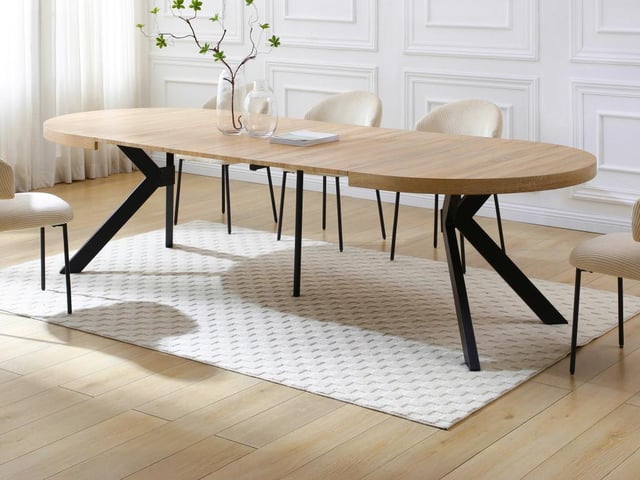 Mesa de comedor extensible 6 a 12 comensales de MDF y acero - Natural claro y negro - KOMONI