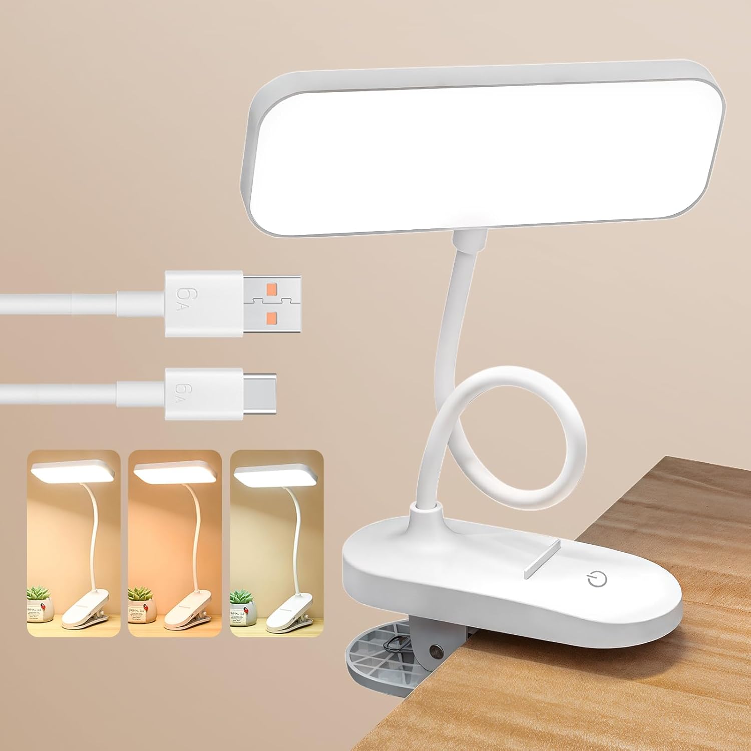 Lampka do czytania LED - Lampka z klipsem USB 360° Elastyczna - Ochrona oczu - 3 Kolory i Zmienna Intensywność - Mini Lampka Nocna