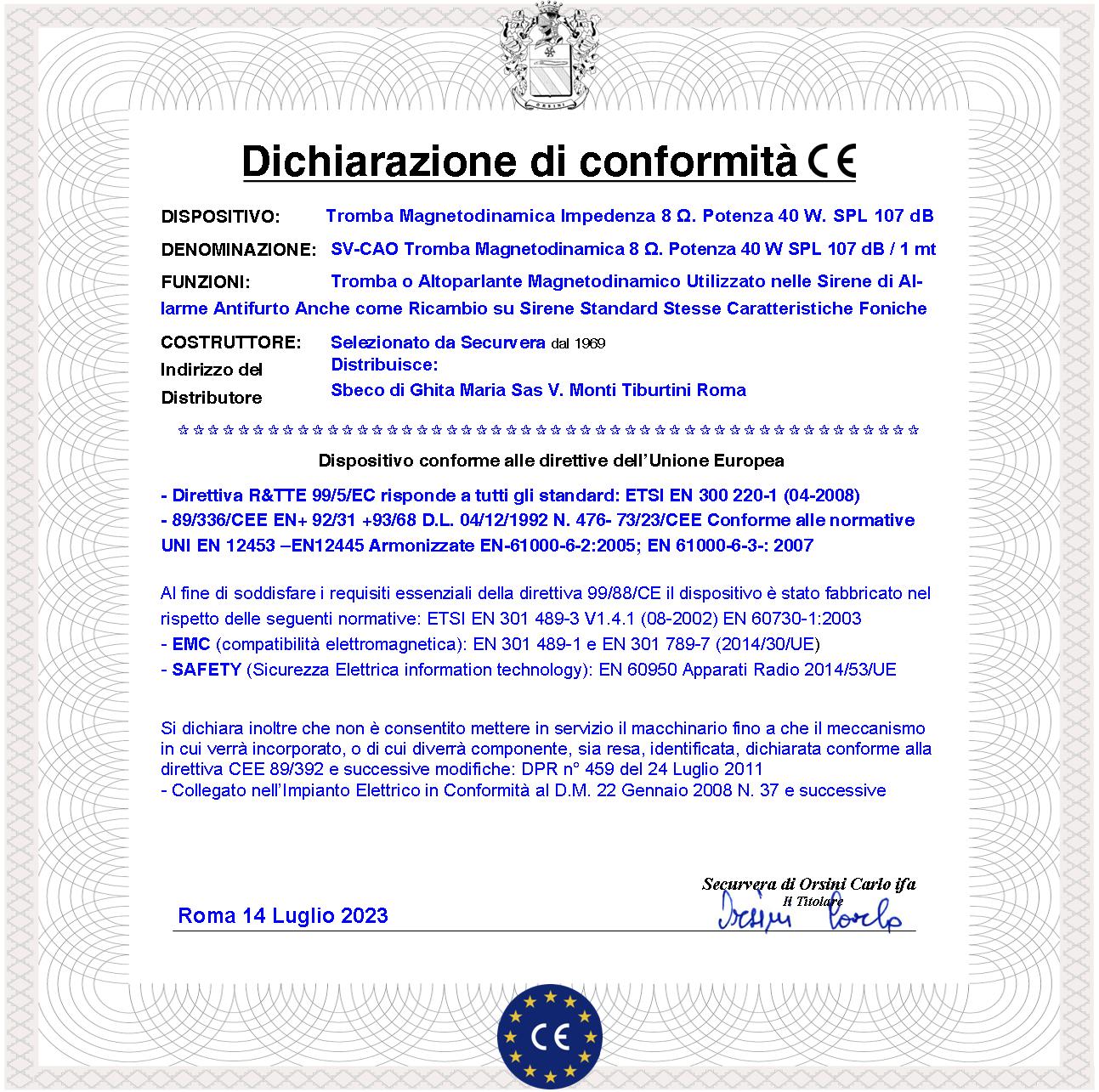 Diffusore Sonoro Tromba Esponenziale Magnetodinamica Impedenza 8 Ω Potenza 40 W 107 dB Suoni Frequenza da 750 ± 5,1 KHz Magnete Ø91XH13 mm Ricambio Si - 2