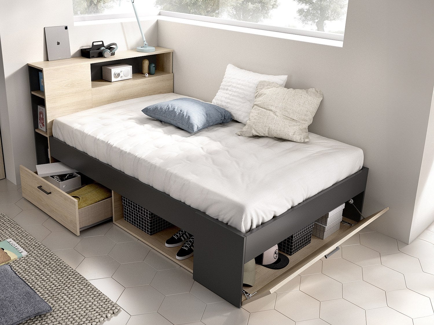 Lit avec tête de lit rangements et tiroirs - 120 x 190cm - Coloris : Naturel et anthracite - LEANDRE - 3