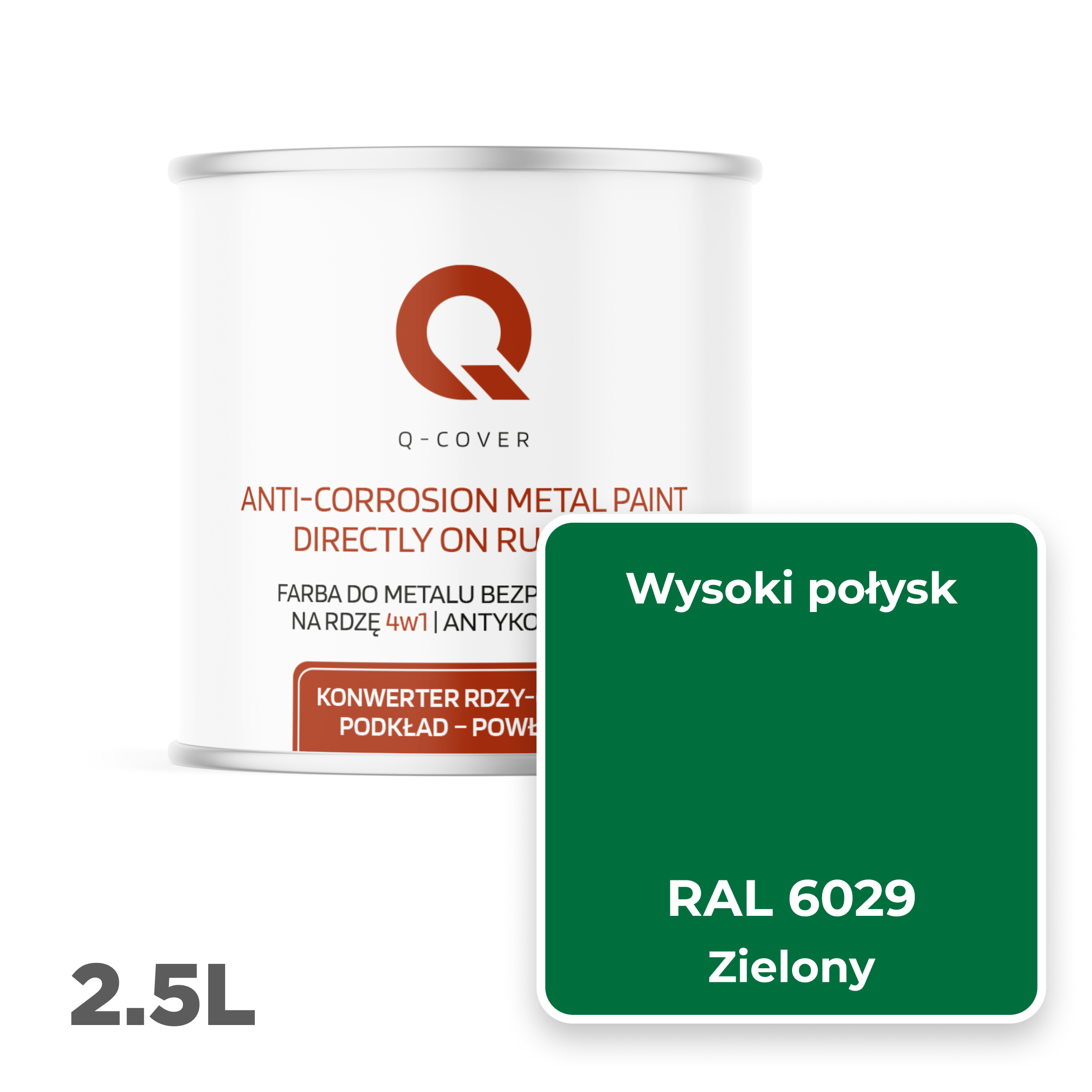 Farba do Metalu Prosto na Rdzę 4w1 Q-Cover Zielony RAL6029 Wysoki Połysk 2.5L - 2