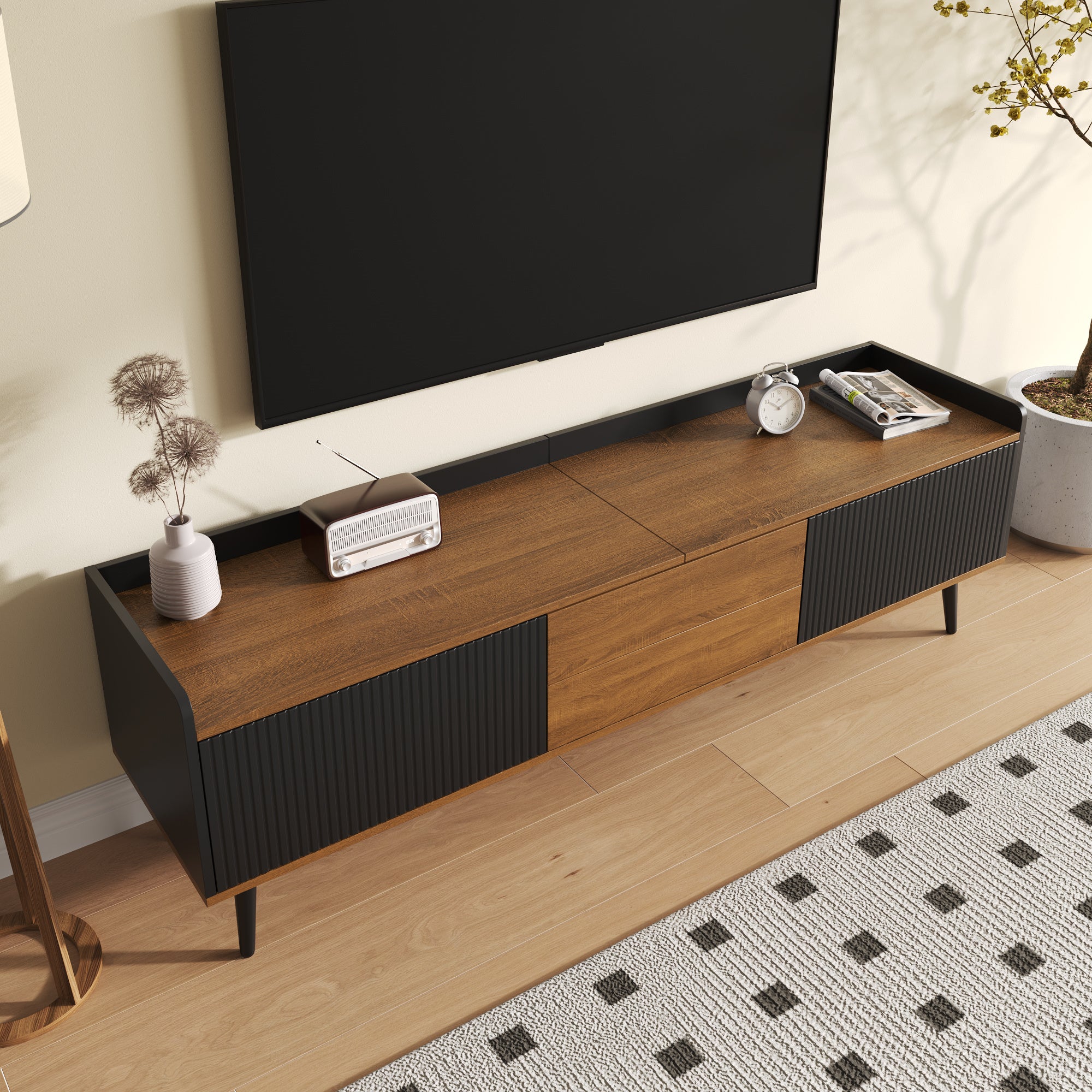 Meuble TV, meuble bas trois portes. Construction compacte. Finitions noir et bois naturel, 49.5*160* 39cm - 4