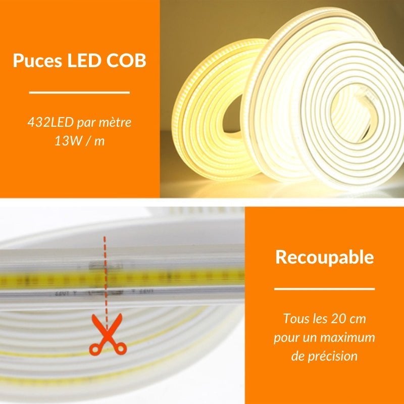 Ruban LED COB 220V IP65 432LED/m (vendu sur mesure au mètre) - Blanc Froid 6000K - 8000K - SILAMP - 5