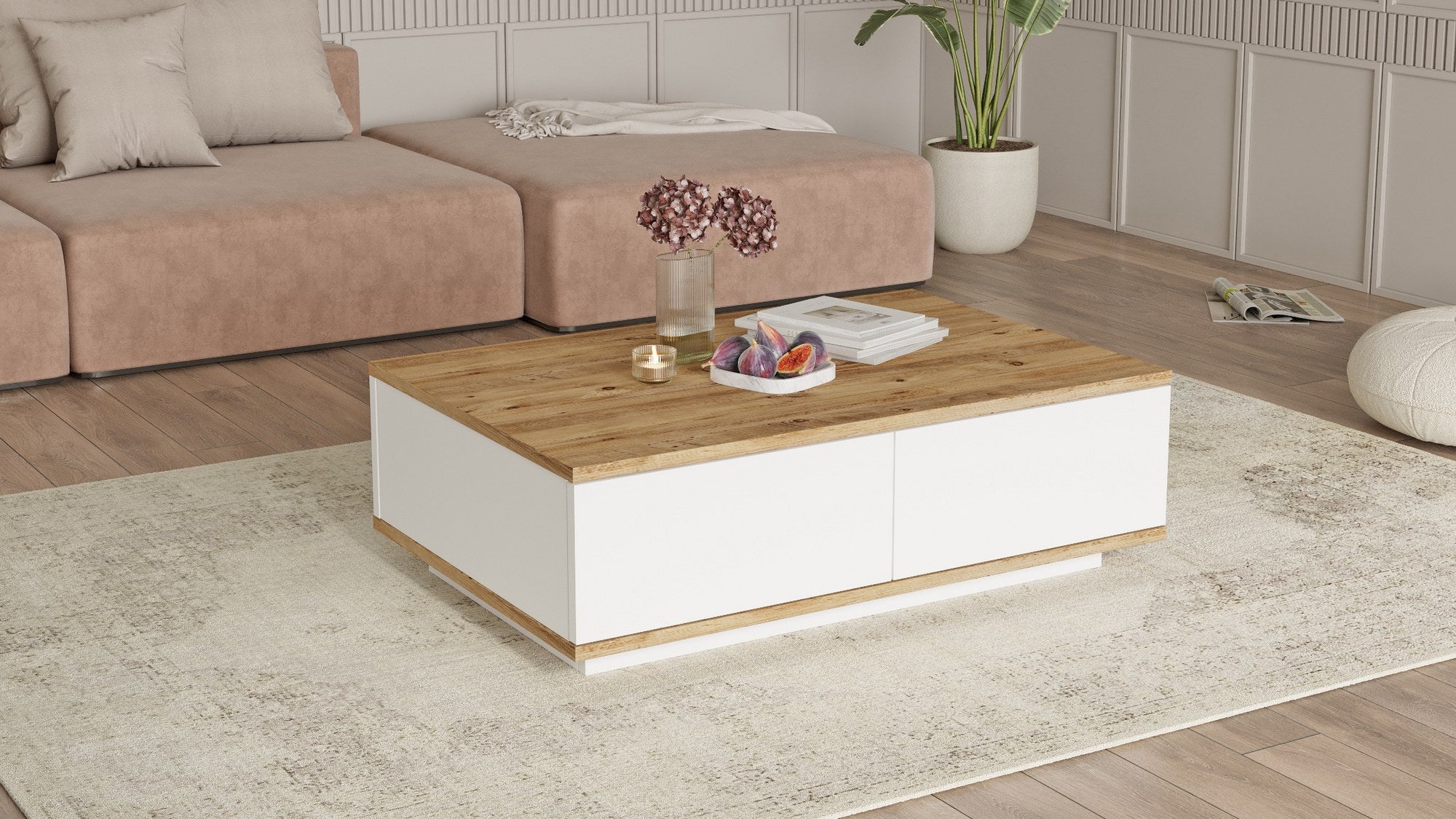 Table basse avec 2 portes - Naturel et Blanc - LOTULA - 9