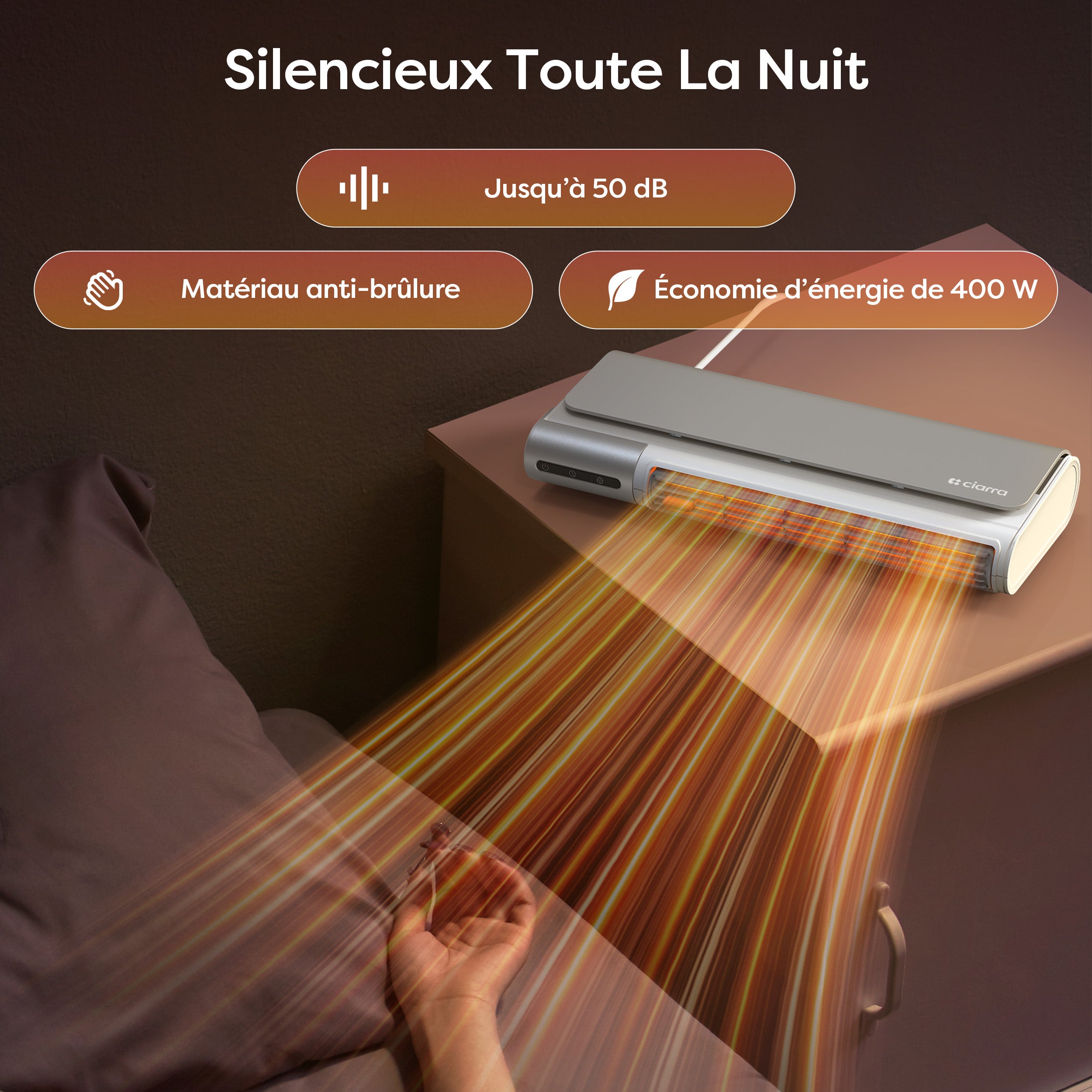 CIARRA Radiateur soufflant électrique mobile 400W Chauffage PTC 3 Niveaux Ventilation Minuterie 6h CBHCF516-W - 8