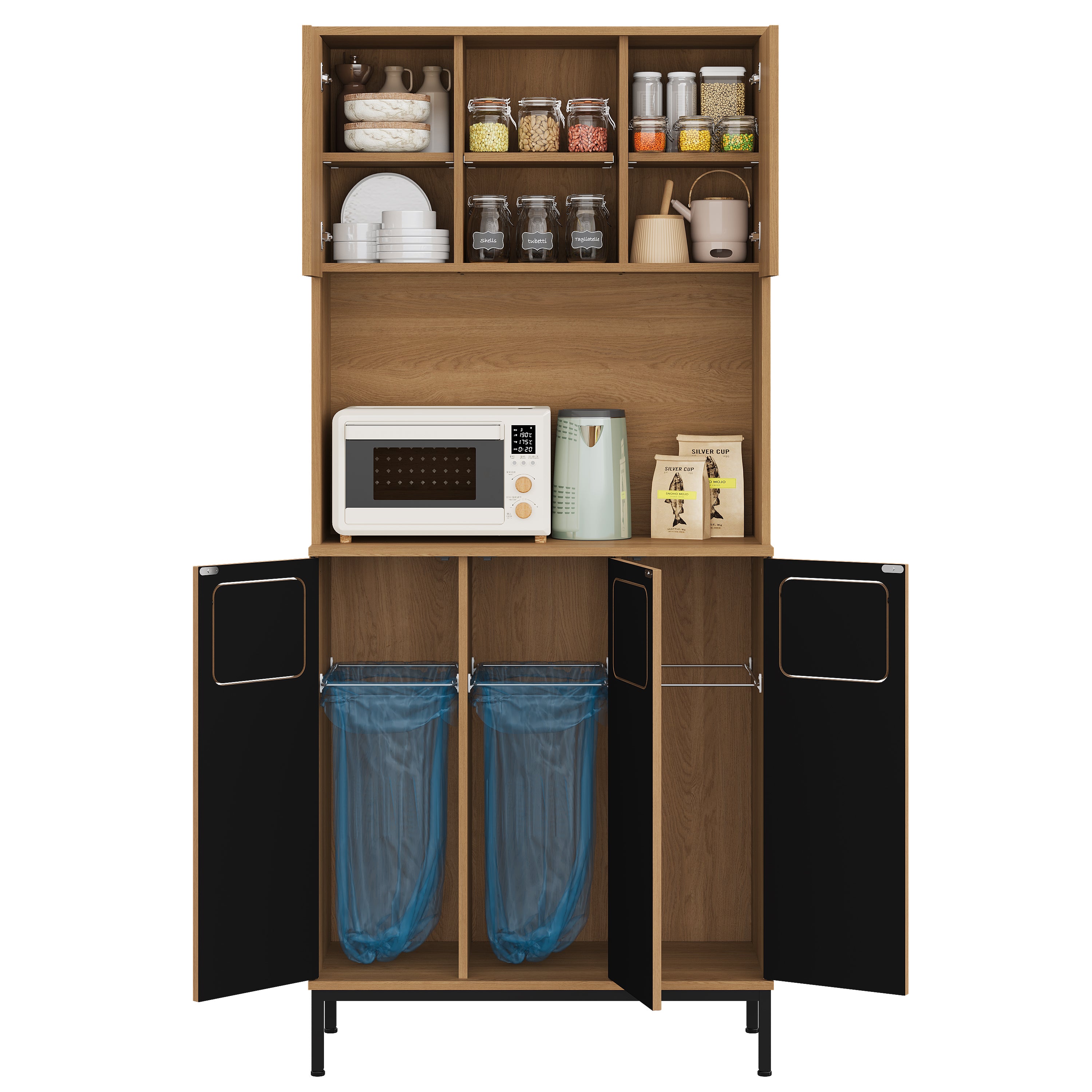 Armoire poubelles cuisine 3 portes tri sélectif hauteur 181 cm aspect chêne 3 compartiments micro-ondes aspirateur 80x35x181 cm - 8