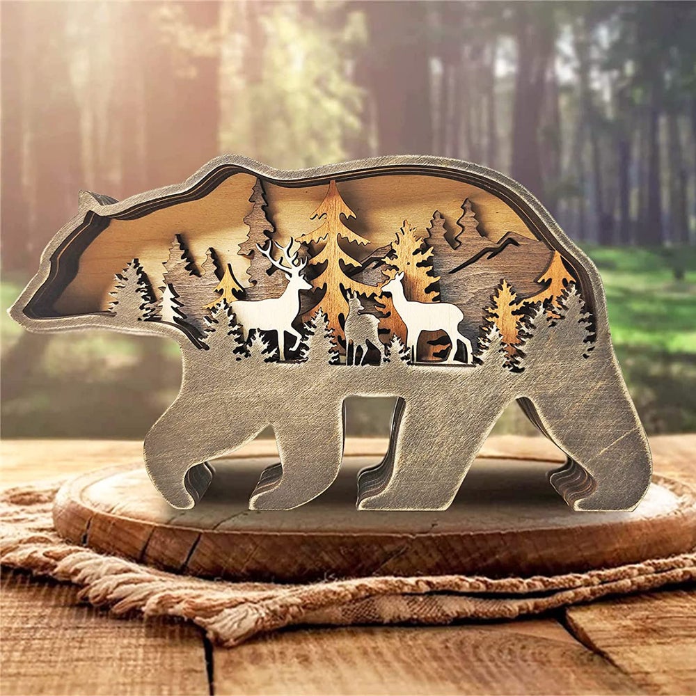 2pcs Ornements 3D en bois de Noël, figurines créatives d'animaux, ours et orignal, décoration artisanale pour salon et bureau, idée cadeau festive - 8