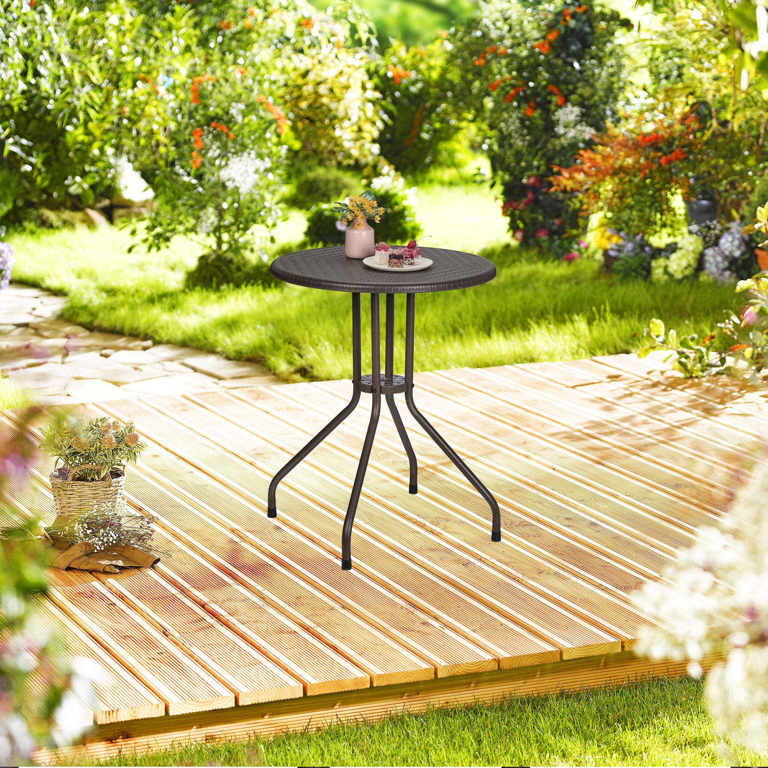MXIMU Tavolino Rotondo Da Esterno Adirondack – 45 Cm, Plastica Resistente, 2 Ripiani – Per Balcone, Giardino, Terrazzo – Colore Teak - 3