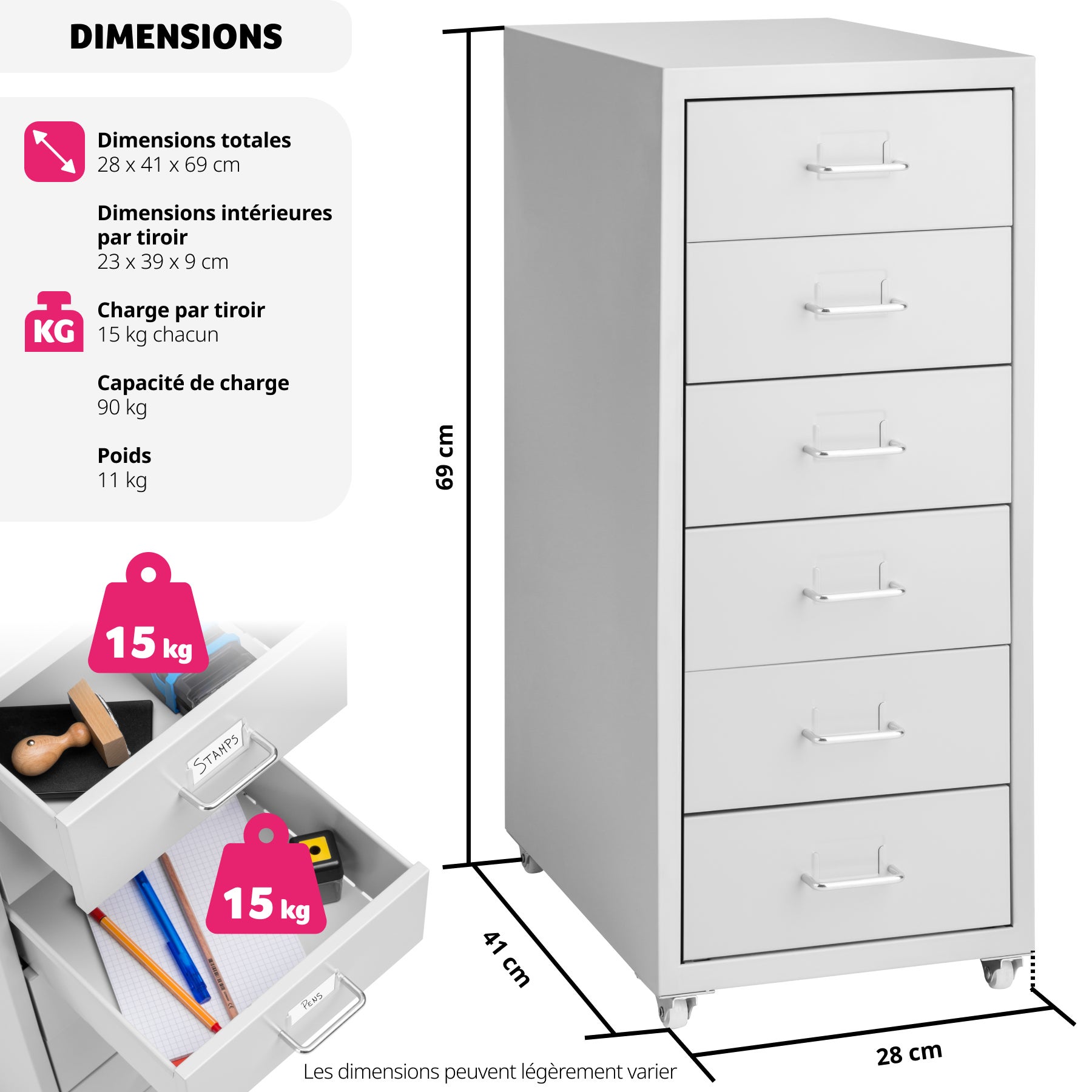Caisson de bureau roulant en métal 41x28x69cm en acier TECTAKE - 6