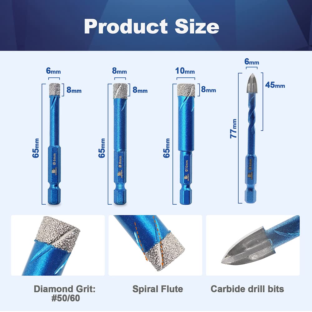 Forets Mèches Diamant Carrelage 6/6/8/10+6mm - BRSCHNITT Foret Céramique pour Porcelaine,Céramique, Granit,Carrelage（5 Pièces） - 2