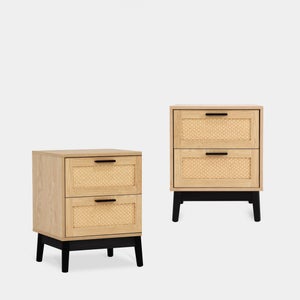 Lot De 2 Tables De Chevet Avec Tiroirs - Cadre Acier, Plateau Bois, Bacs Tissu Amovibles, Design Moderne