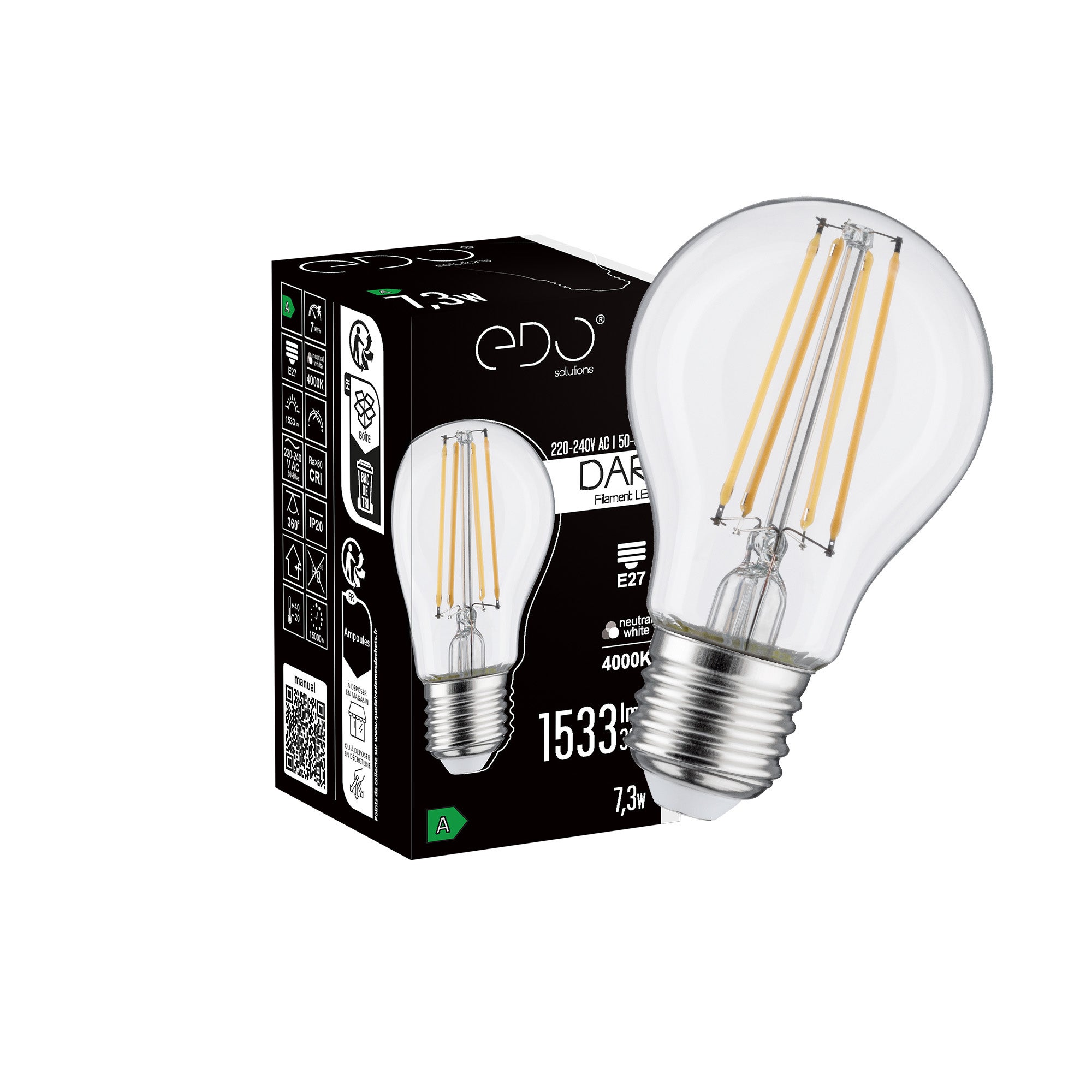 Żarówka dekoracyjna Dari LED Filament 7,3W, E27, 4000K, 1533lm, 230V, CLEAR A60, EDO777712 EDO Solutions