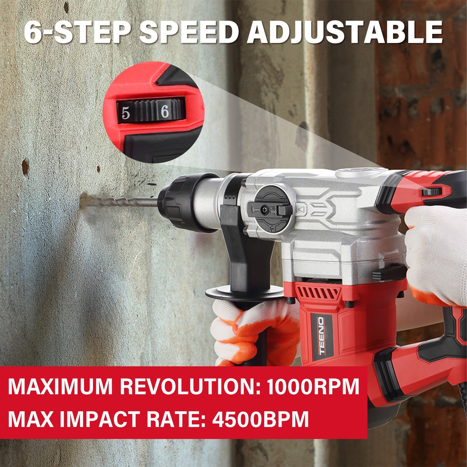 TEENO Marteau Perforateur SDS-Plus 1500W,6 Vitesse Variable avec 4 Fonctions,4500bpm,Câble de 2 mètres, Embrayage de Sécurité & Technologie - 4
