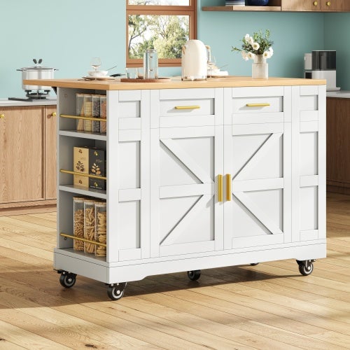 Carro de cocina blanco con ruedas, 2 cajones, 4 puertas, toallero y especiero, encimera abatible natural