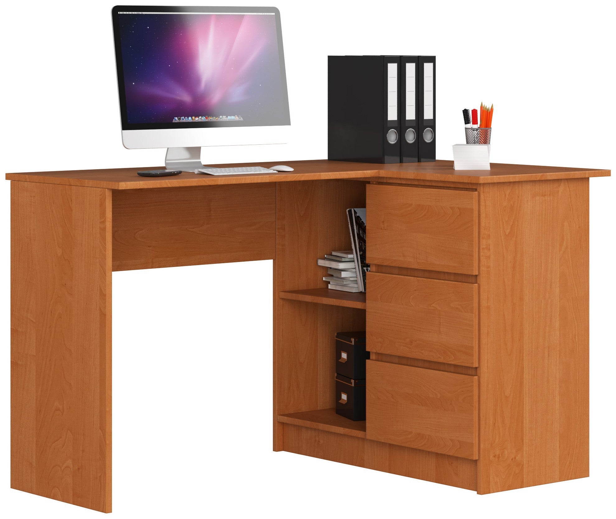 Biurko narożne AKORD B16 Olcha 124 cm prawe 3 szuflady kolor Olcha mat 2 półki 124x85x77 cm