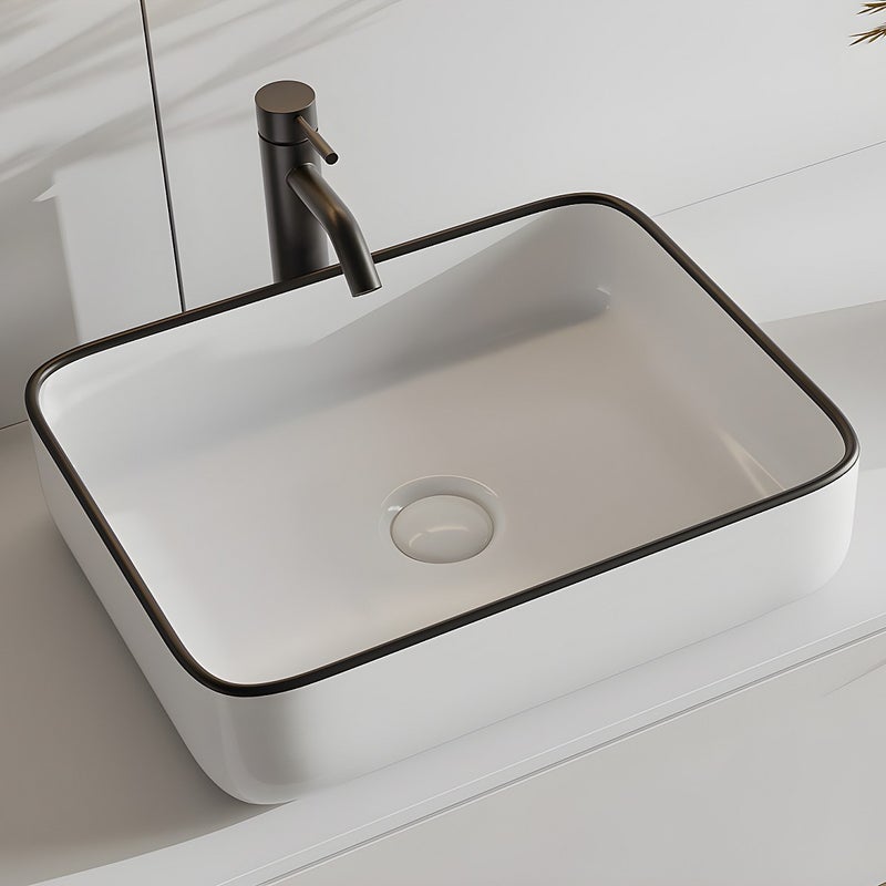 Umywalka nablatowa prostokątna ceramiczna - Biały z czarnym brzegiem - 50 x 39 cm - JUNIKO II