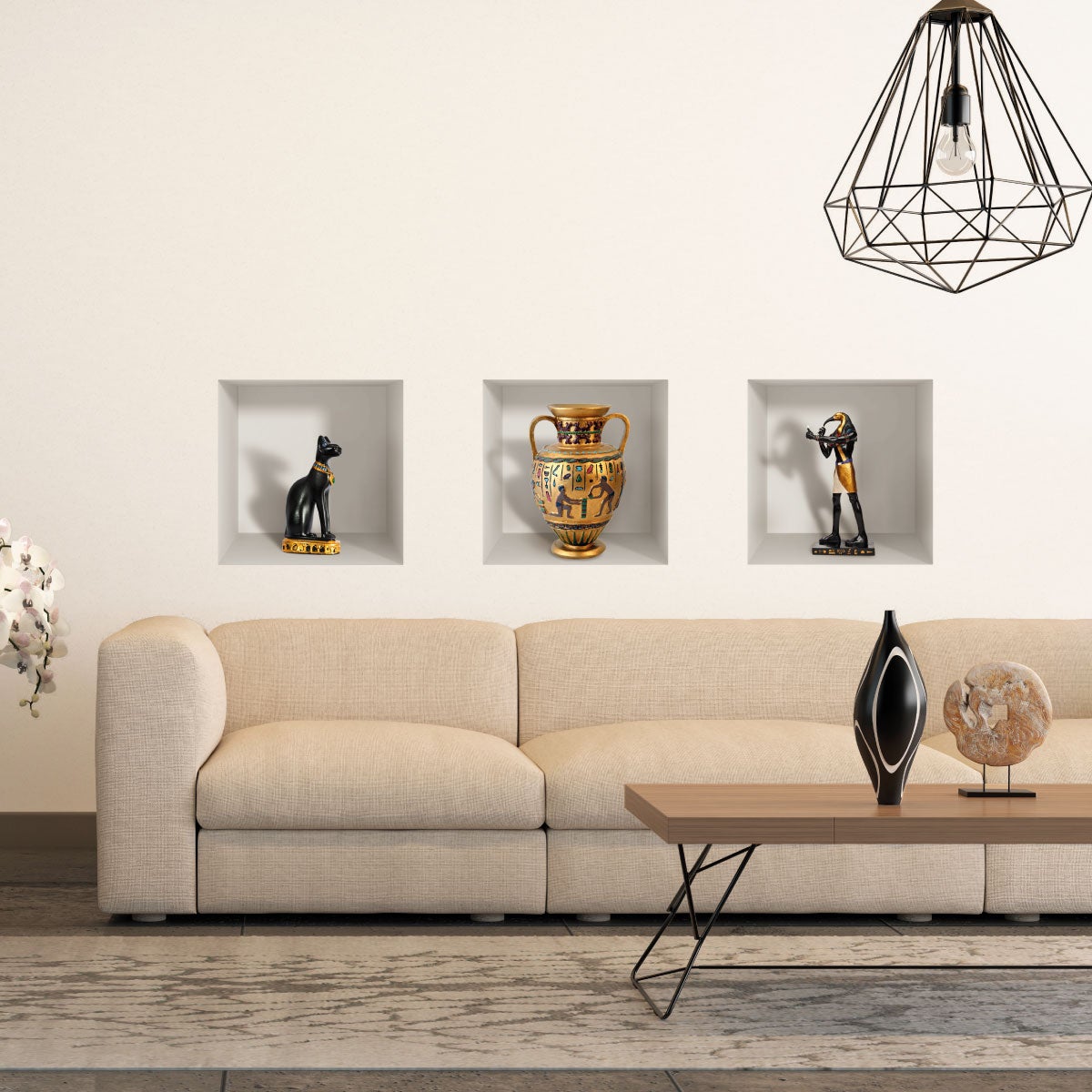 Vinilo efecto 3d estatuillas egipcias antiguas - adhesivo de pared - revestimiento sticker mural decorativo - 30x90cm