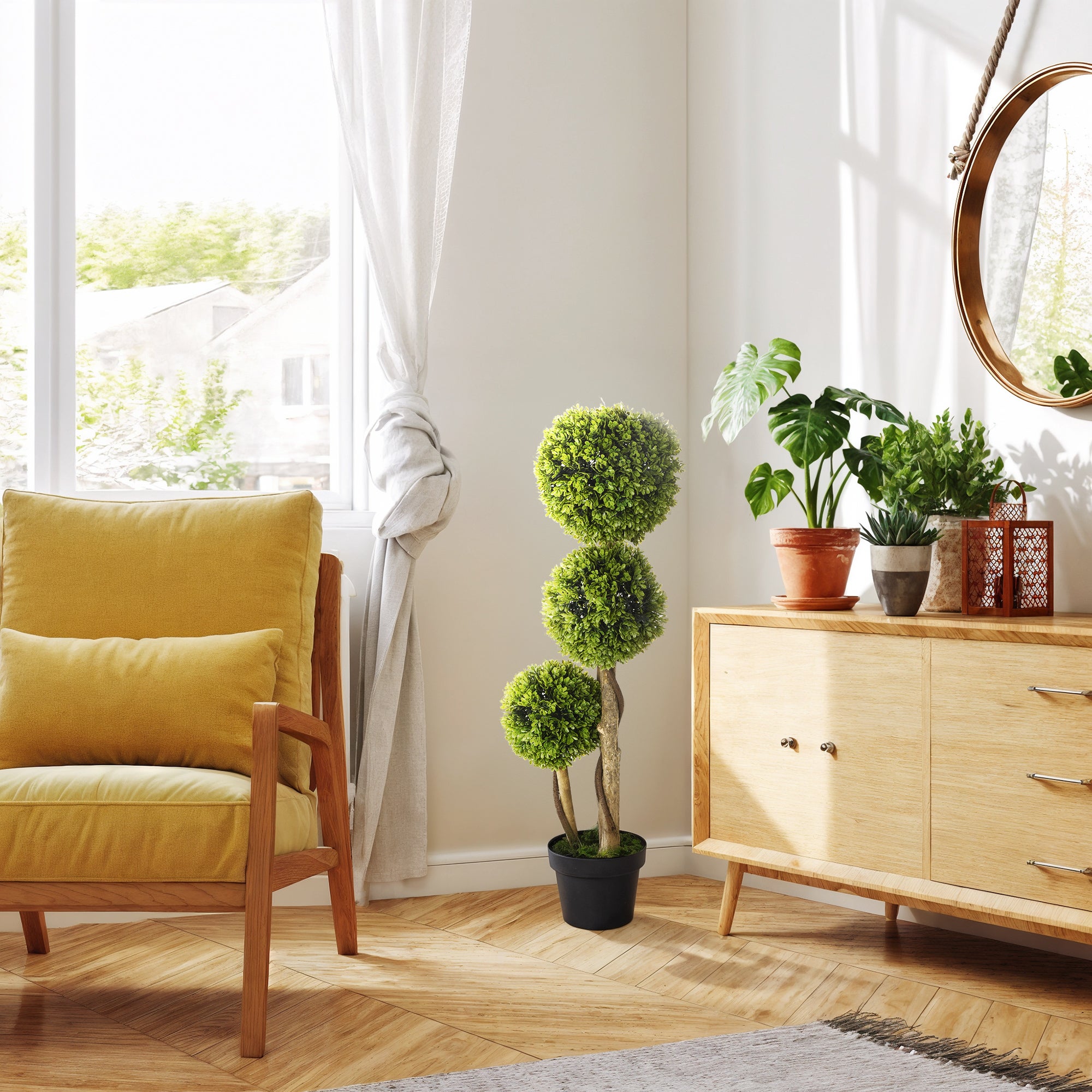 Plante artificielle de buis avec 3 boules, fausse plante pour l'intérieur et l'extérieur, pot inclus et base renforcée, hauteur 90 cm - 3