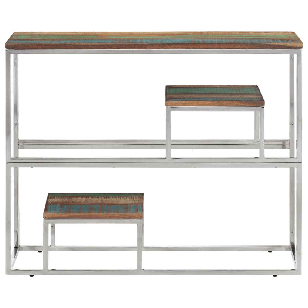 Table console argenté acier inoxydable/bois massif récupération - 2