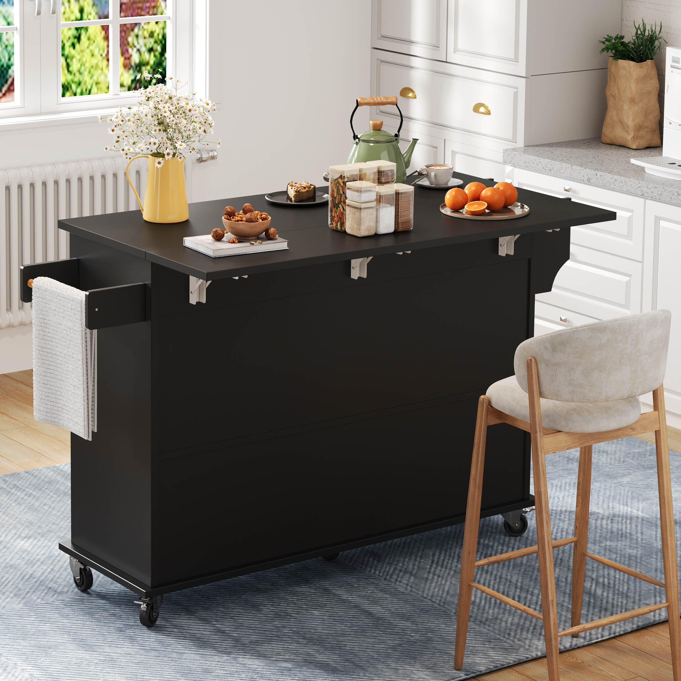 Isola cucina mobile con 4 ante, 1 cassetto e portasciugamani - 120 x 45/70 x 95 cm - MDF - Nero - 7