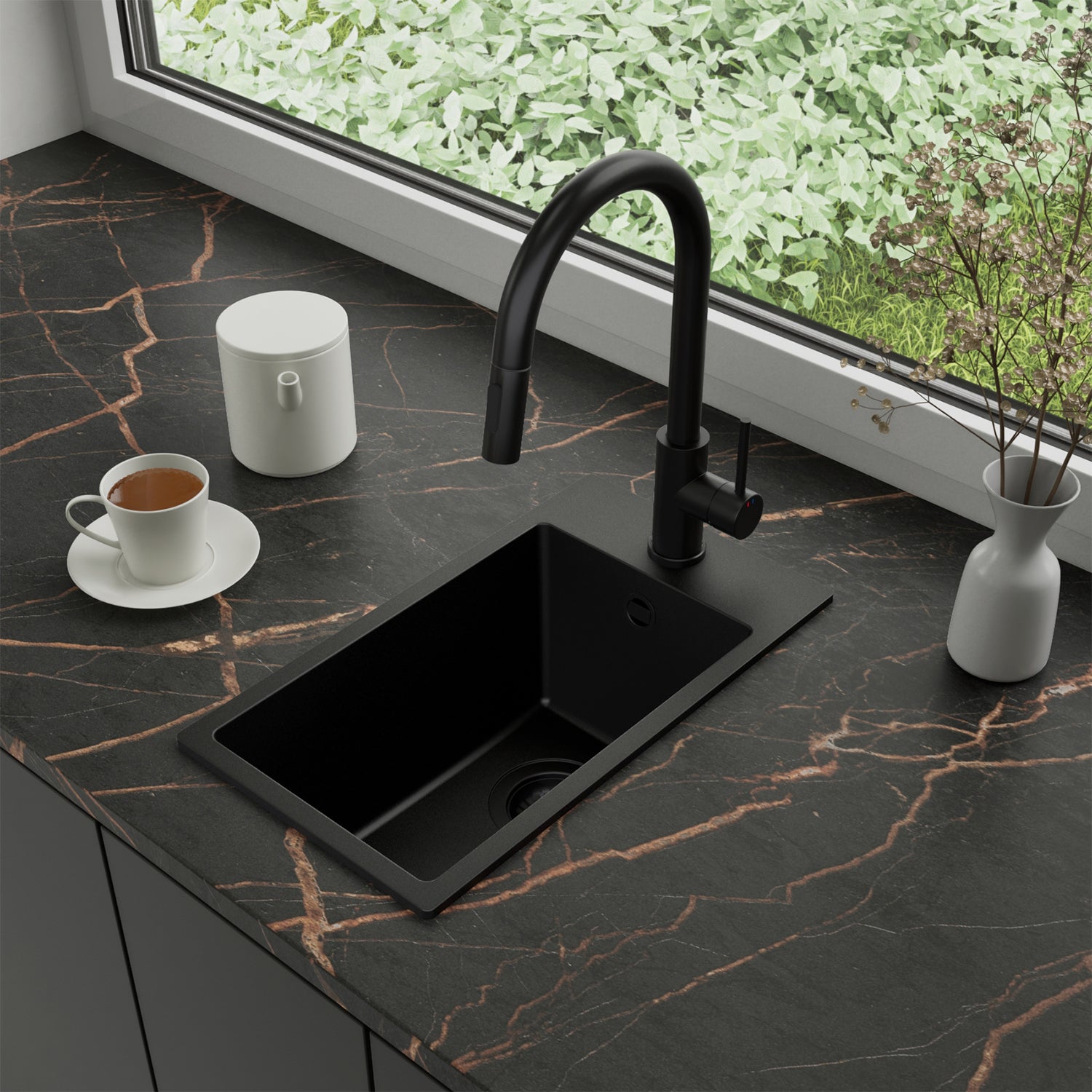 Zlewozmywak Granitowy 28x50cm, do szafki od 30cm + Bateria + Syfon - Amber Cały Czarny STONESTYLE