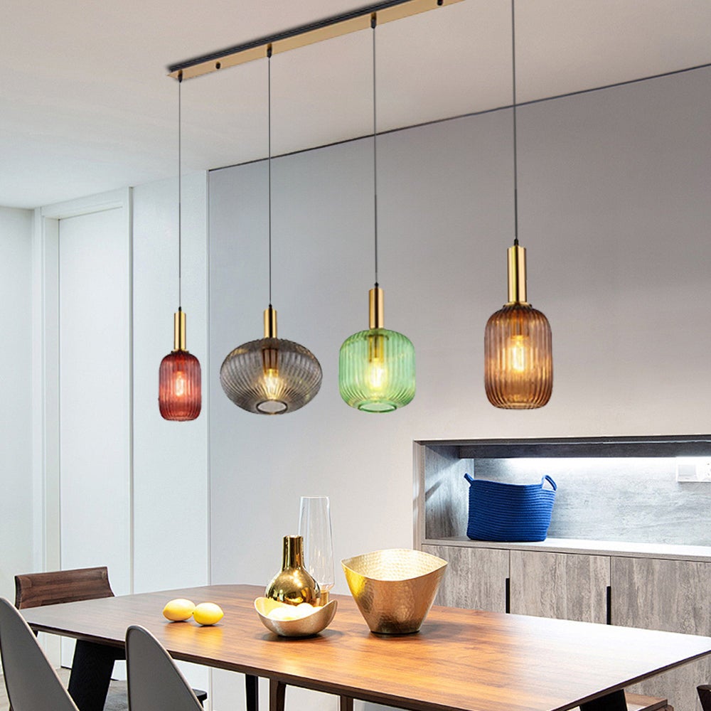 Suspension unique avec 3 abat-jours en verre cannelé, multicolore, diamètre 115 cm - 5