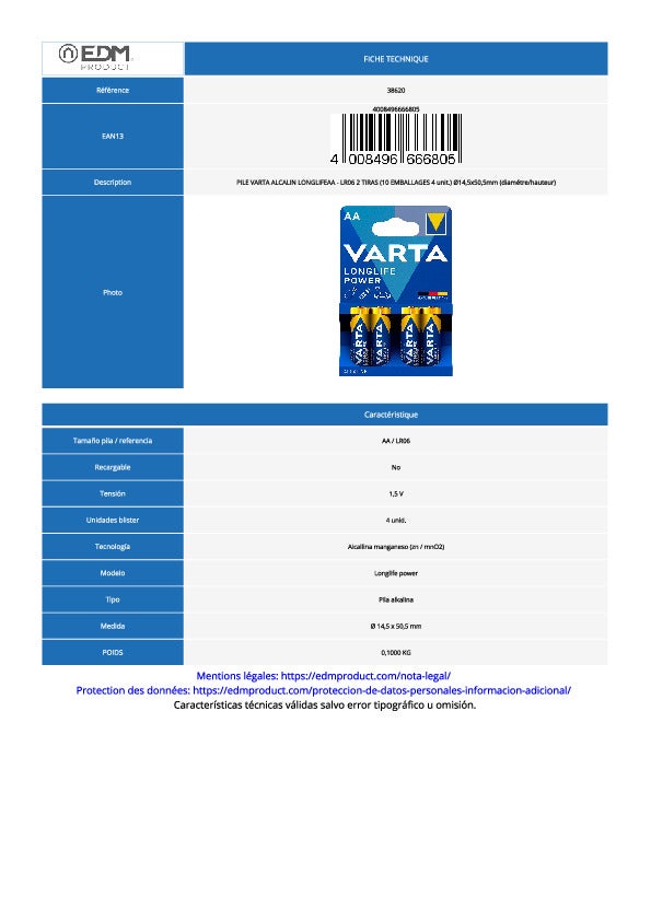 4 Piles LR06 AA VARTA High Energy - 8