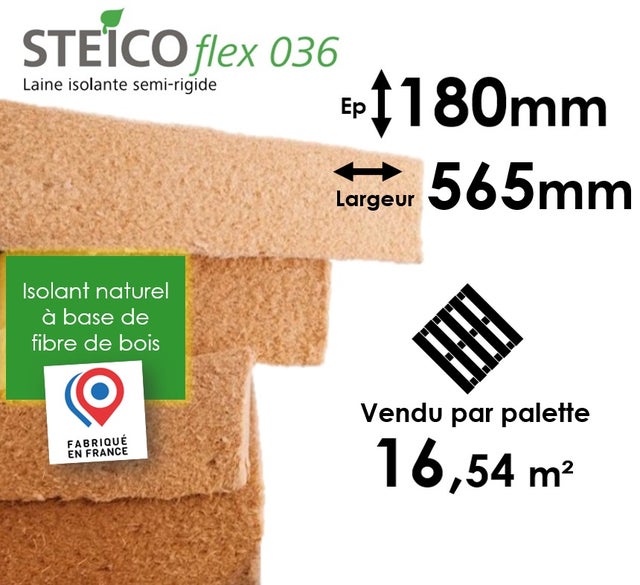 LAINE DE BOIS STEICO FLEX 36 - EPAISSEUR 180MM (R=5,00) - DIMENSIONS 565MM x 1220MM - PALETTE ENTIÈRE 16,54M²