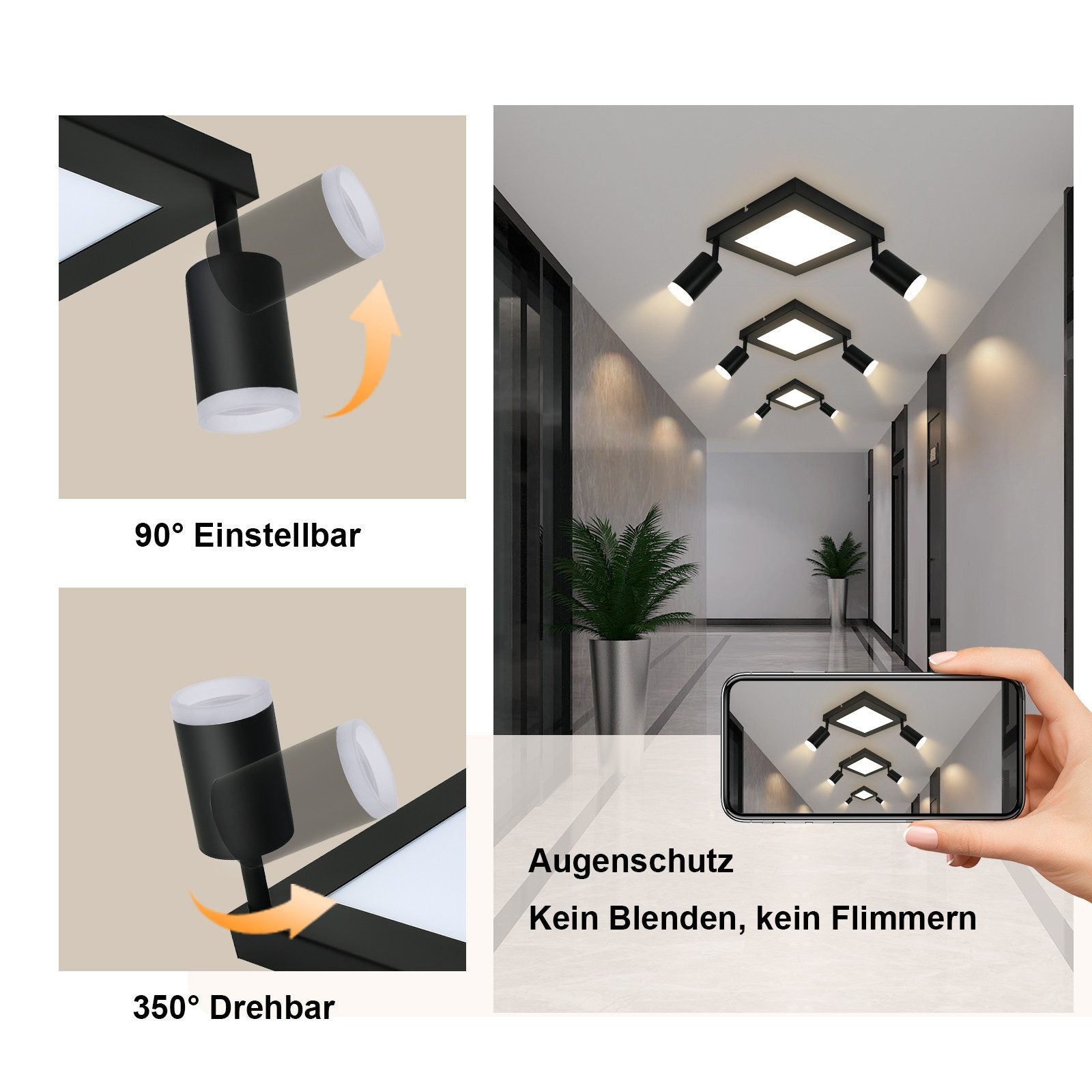 NETTLIFE Spot de plafond carré GU10 3000k blanc chaud 20W lampe de chambre orientable 350° blanc chaud - 2