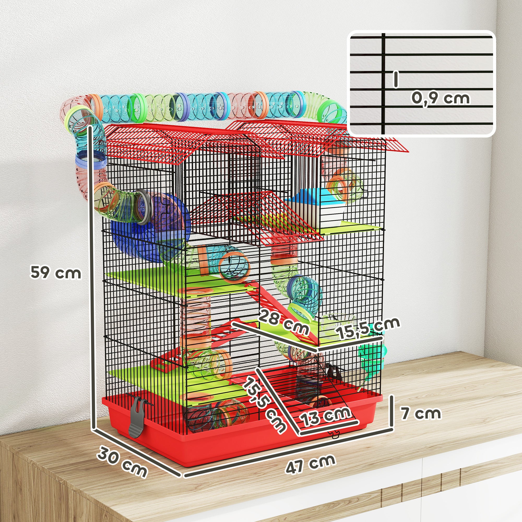 Gaiola Hamster 5 Níveis 47x30x59cm Vermelha com Túneis Roda Bebedouro Casa Completa - 2