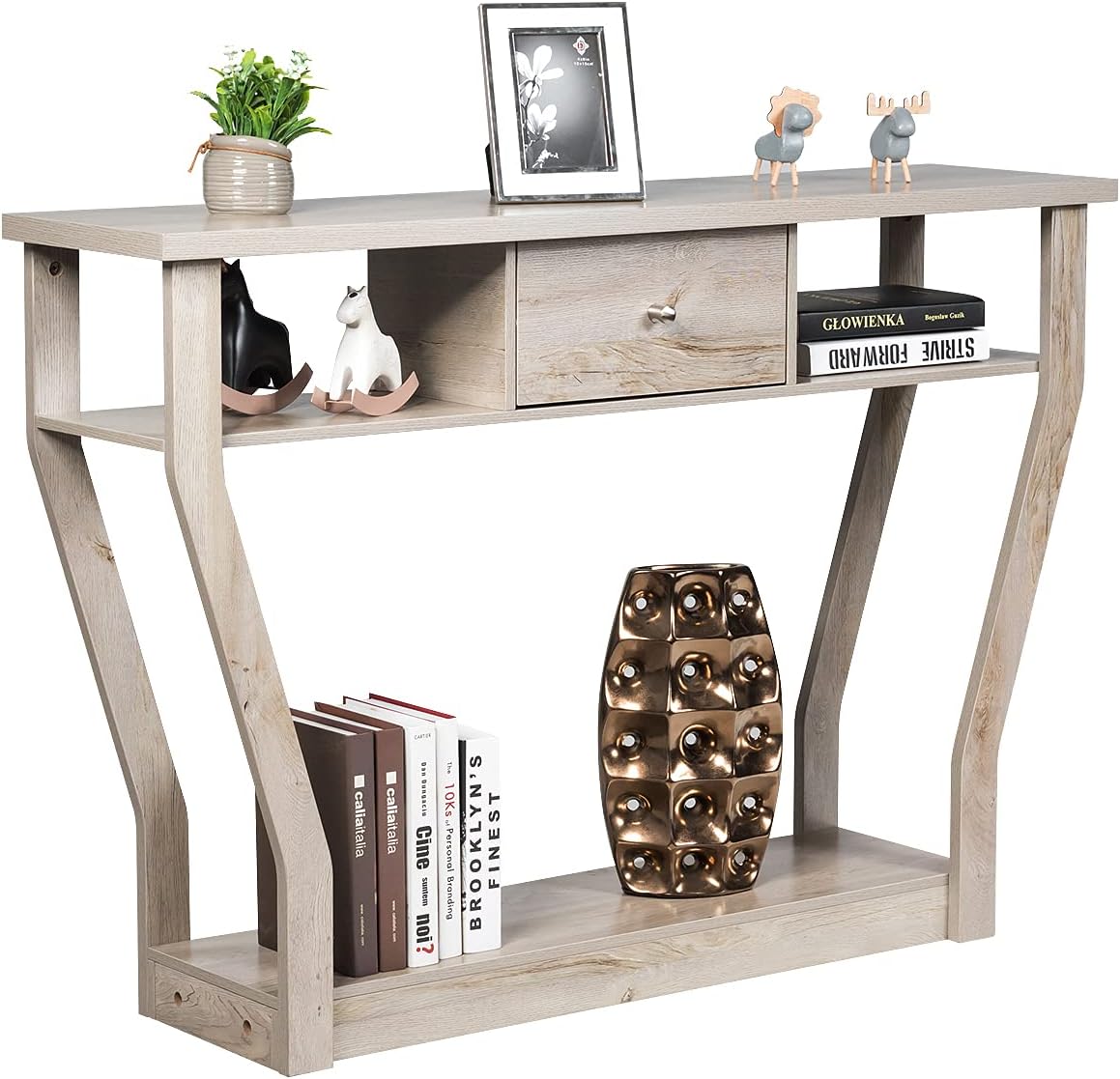 Stolik Konsolowy z Szufladą i 3 Półkami, Stolik Przedpokojowy z MDF z Zabezpieczeniem przed Przewróceniem, Stabilną Podstawą, 120 x 30 x 81 cm, Szary