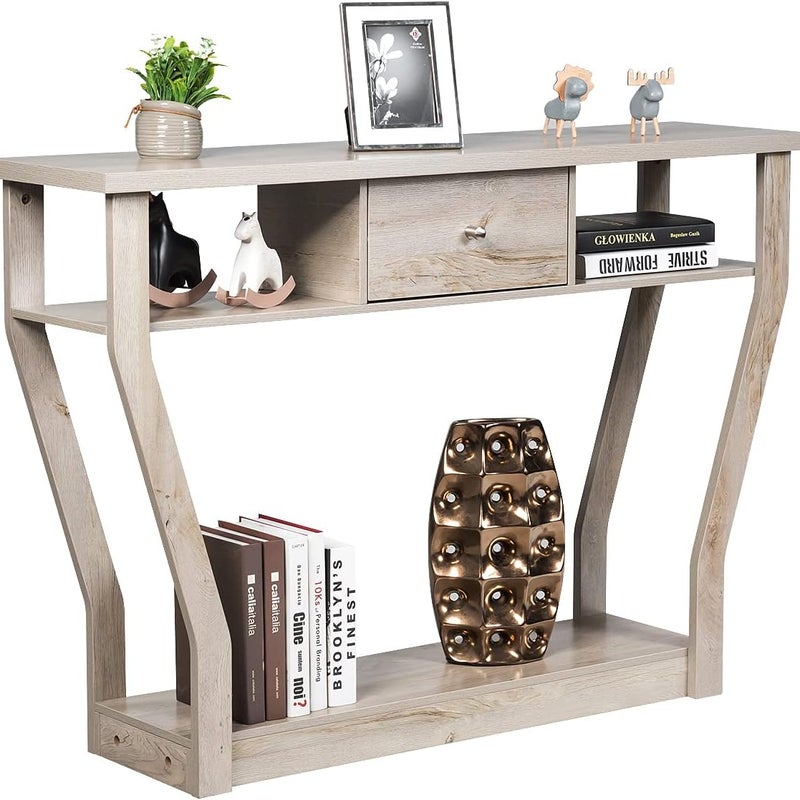 Stolik Konsolowy z Szufladą i 3 Półkami, Stolik Przedpokojowy z MDF z Zabezpieczeniem przed Przewróceniem, Stabilną Podstawą, 120 x 30 x 81 cm, Szary