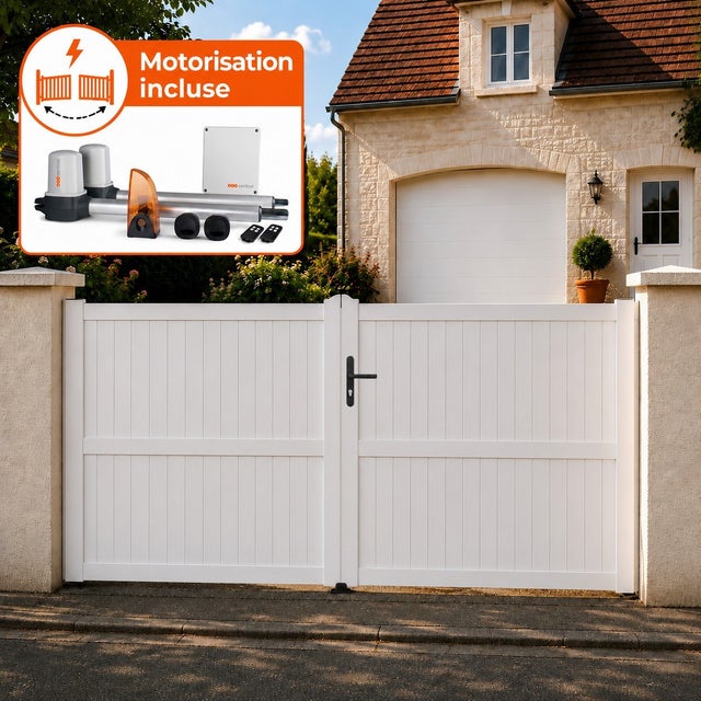 Portail battant électrique PVC blanc avec moteur Sentinel H 180 x L 350 GUÉRANDE