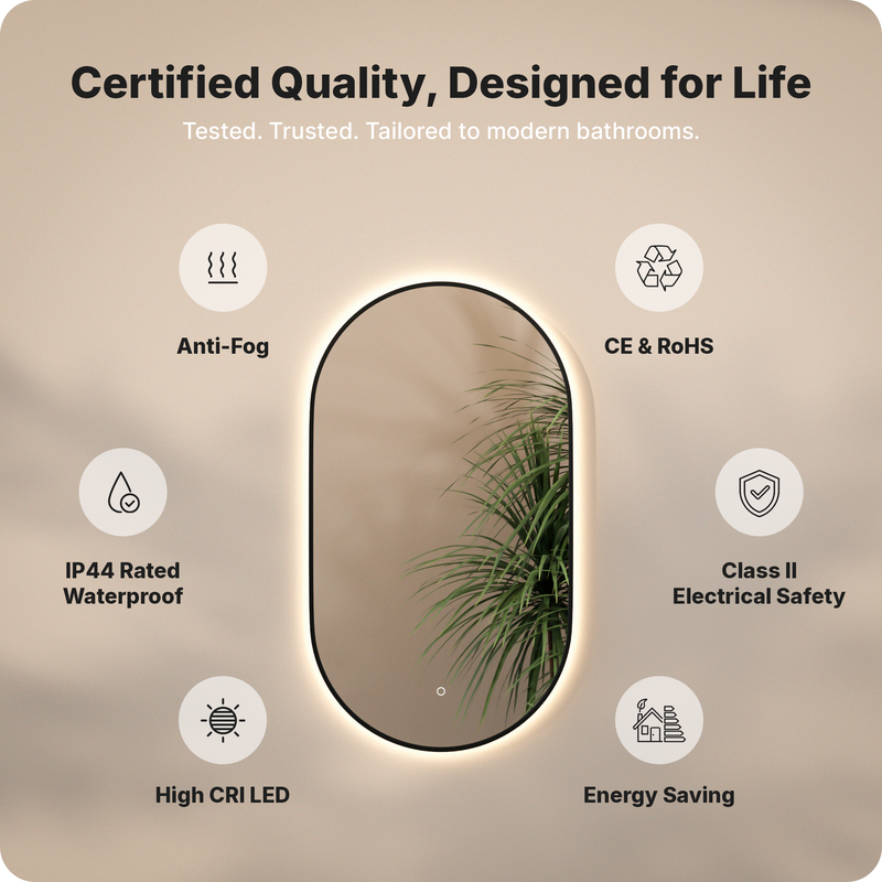 Espejo de baño - 90x50cm - Marco negro - Antivaho - Con luz LED - 8