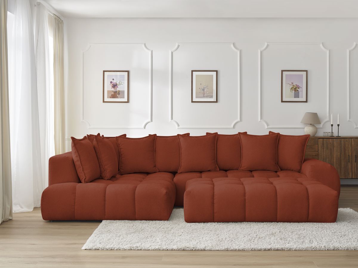 Canapé d'angle fixe EVEREST tissu texturé avec pouf BOBOCHIC 5 places ...