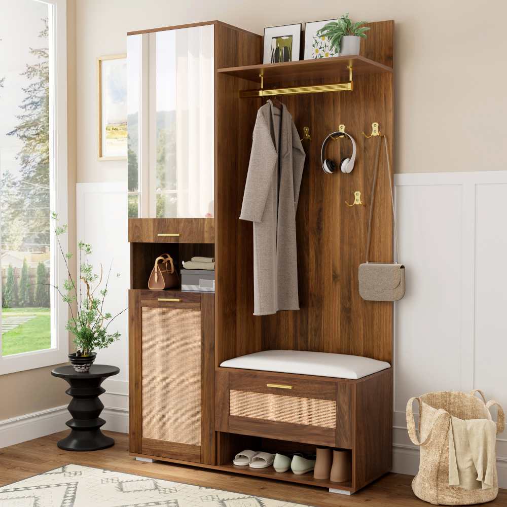 Set di Armadio con Specchio, Illuminazione LED a 16 Colori, 6 Ganci Dorati, Scarpiera e Panchina, Design Moderno per Entrata - 3