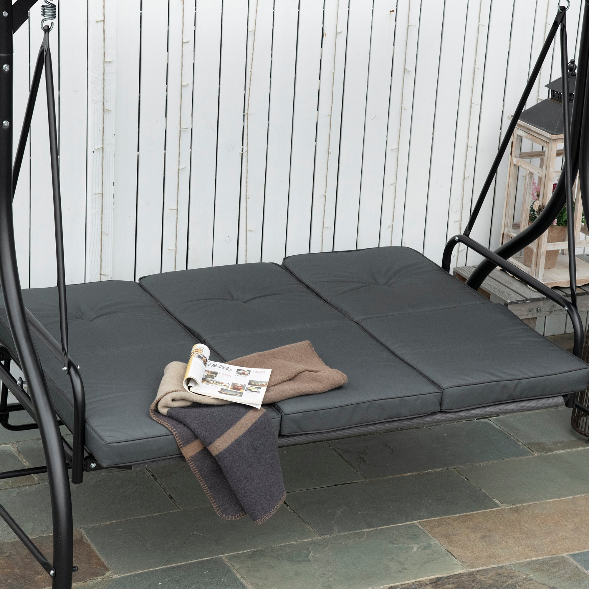 Balancelle de jardin 3 places convertible matelas fourni gris métal noir - 8
