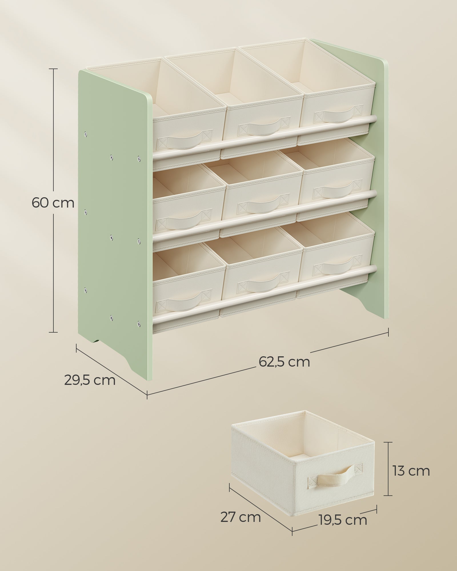 Étagère à Jouets pour Enfants, 9 Boîtes de Rangement en Tissu Non-tissé, Spacieuse, 29,5 x 62,5 x 60 cm, Vert Laurier - 5