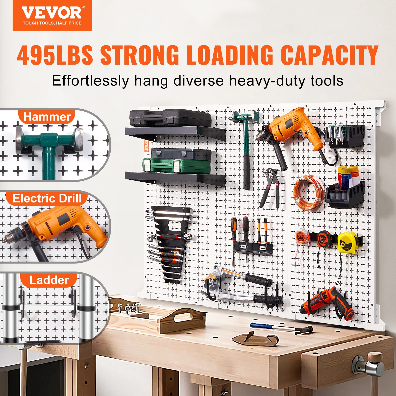 Panneau Perforé Mural Garage VEVOR 609,6 X 304,8 Mm – Organisateur D’Outils Robuste En Métal Noir, Charge Max 40 Kg !