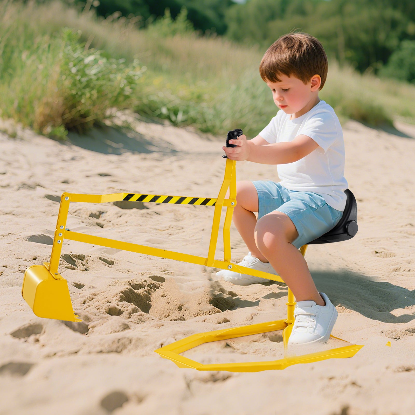 Pelleteuse Enfant avec Siège Pivotant à 360°& Pelle, Tractopelle pour Bac à Sable avec Base Hexagonale, pour Sable Terre Neige, 3 Ans+, Jaune - 2