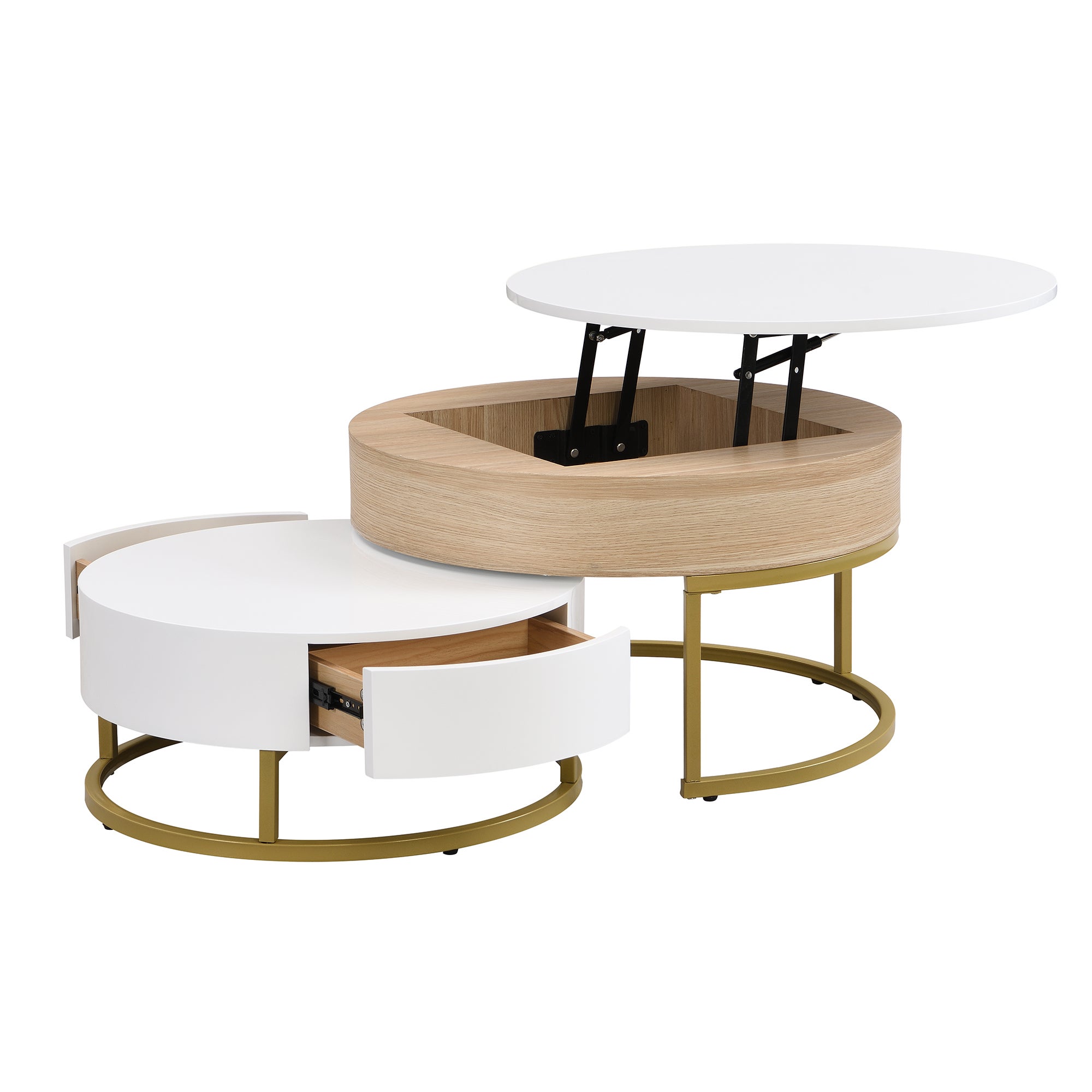 Set di tavolini giganti (70×70×42/56,5 cm, 60×60×27 cm) con piano sollevabile e 2 cassetti, in MDF, bianco e rovere - 2