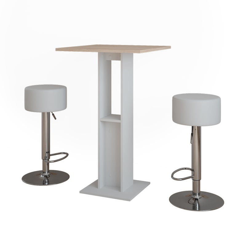 Vicco Zestaw stołu barowego Repose, Biały/Sonoma, 65 x 65 cm z 2 stołkami barowymi