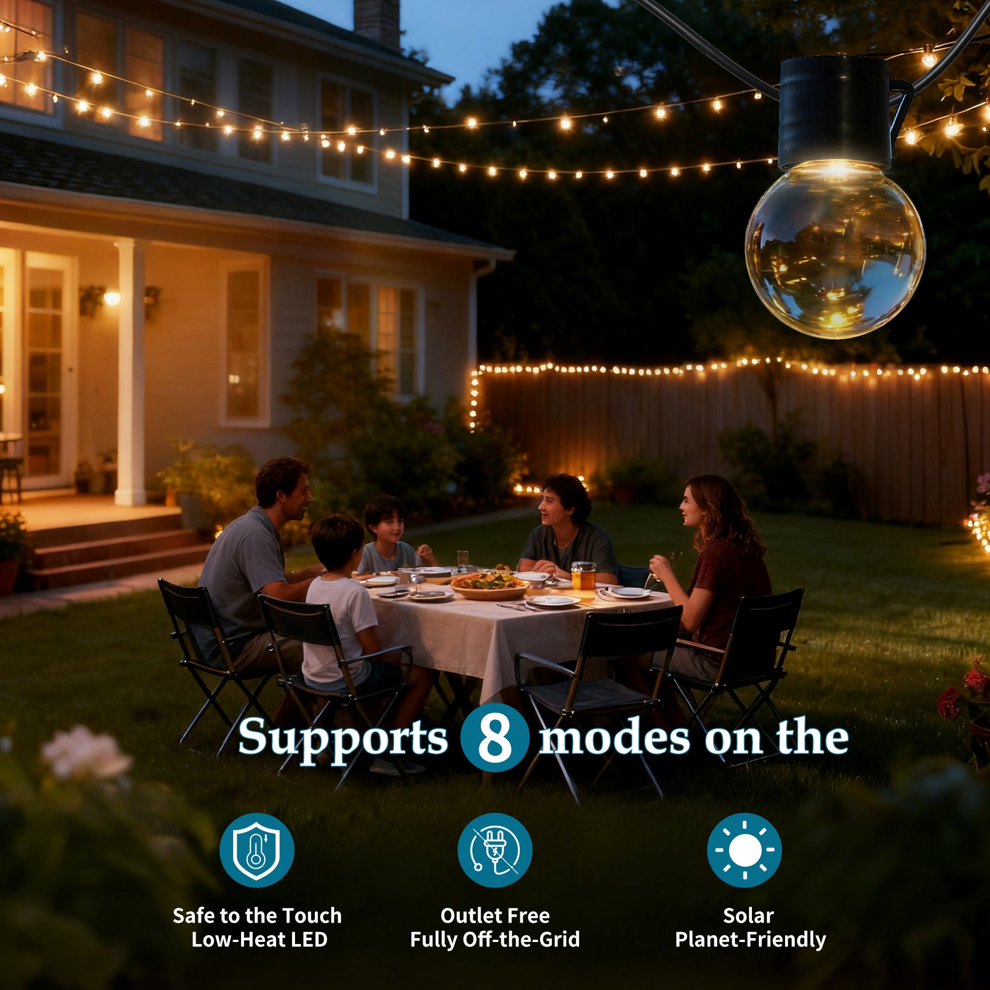 LUXEN Cadena de luces solares para exteriores de 10M, Impermeables con 40 Bombillas Estilo Edison LED Irrompibles de Luz Cálida (1W), para Patio - 4