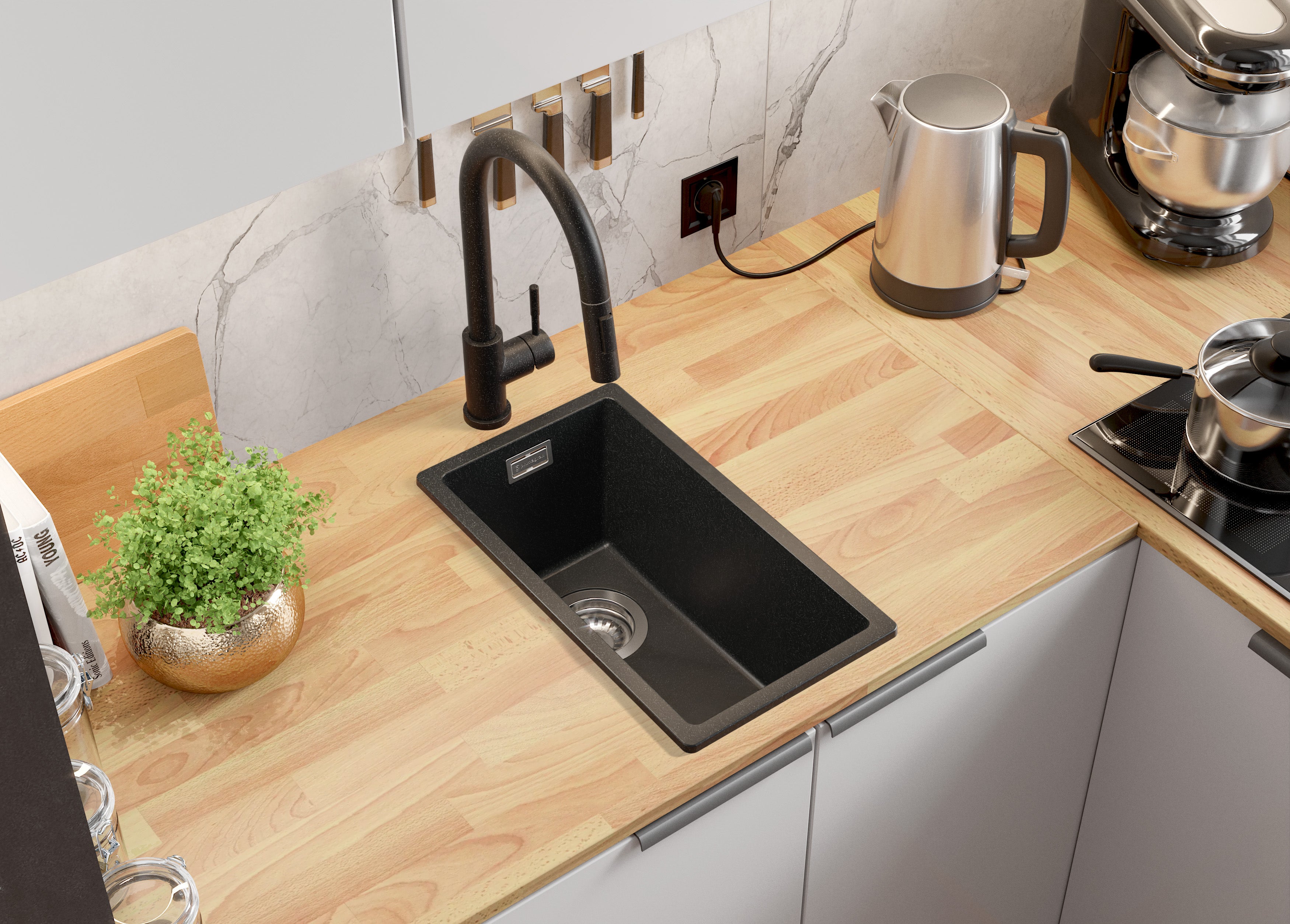 Evier Cuisine en Granit Graphite 26x47cm, Lavabo 1 bac + Kit de Vidage, Évier à Encastrer au meuble 30cm - London Slim PRIMAGRAN - 2