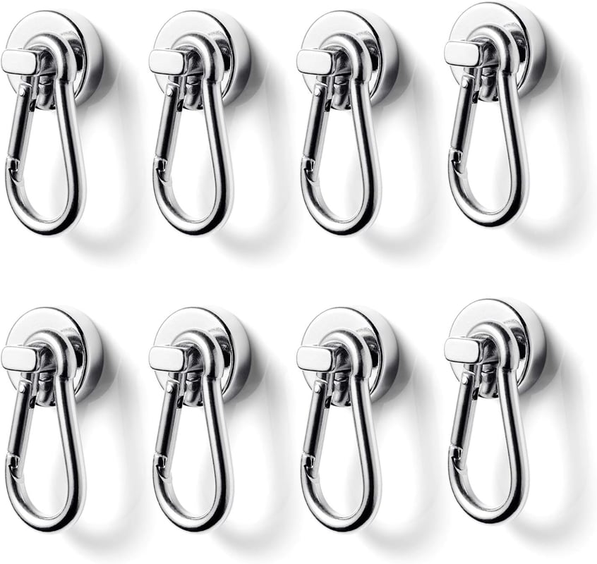 Hak magnetyczny, 20 mm, supermocny, neodymowy, z karabińczykiem, maksymalne obciążenie 12 kg – do biura, magazynu, grilla, 8 szt.